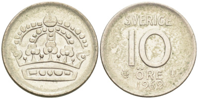 Швеция 10 эре 1962 Густав VI Адольф (1950-1973) KM 823 серебро 4585-353