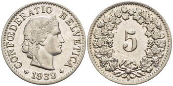 ШВЕЙЦАРИЯ 5 РАППЕНОВ 1939 В KM 26 медно-никель 4532-936