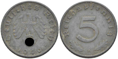 ГЕРМАНИЯ 5 РЕЙХСПФЕННИГОВ 1940 A KM 100, J. 370 цинк 105-236
