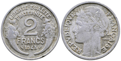 Франция 2 франка 1948 KM 886а.1 алюминий 81-114