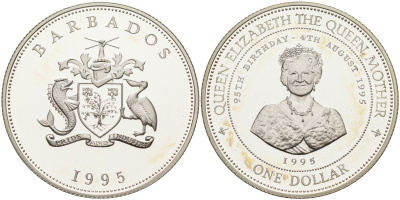 Барбадос 1 доллар 1995 95 лет со дня рождения Королевы-матери KM 65 серебро PROOF 1096-4-21