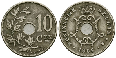 Бельгия 10 сантимов 1904 Belgie KM 53 медно-никель 4172-1151