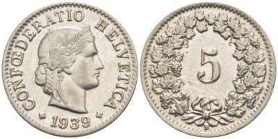 ШВЕЙЦАРИЯ 5 РАППЕНОВ 1939 В KM 26 медно-никель 4532-936