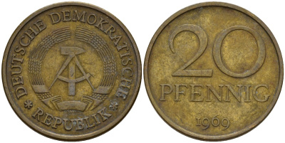 ГДР 20 пфеннигов 1969 A, первый год KM 11 латунь 92-523
