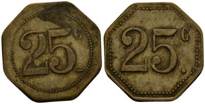 Франция 25 сантимов XIX-XX век ресторанный жетон латунь 4166-523