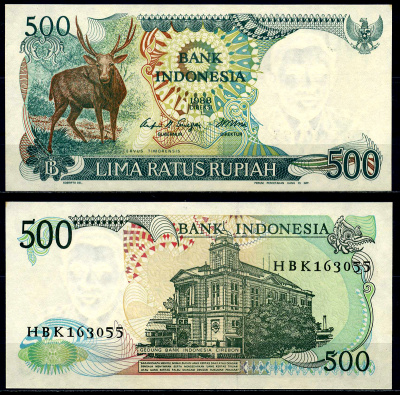 Индонезия 500 рупий 1988 Тиморский олень Pick 123 а бумага UNC (пресс) 446-26-8-3