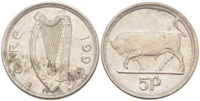 Ирландия 5 пенсов 1996 бык KM 28 медно-никель 188-126
