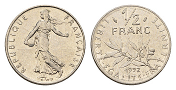 Франция 1/2 франка 1992 KM 931.1 никель UNC 4613-253