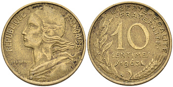 ФРАНЦИЯ 10 САНТИМОВ 1963 ТИП MARIANE KM 929, LE FRANC 144.3 алюминиевая бронза 4588-351