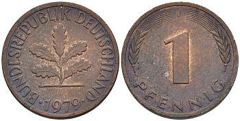ФРГ 1 ПФЕННИГ 1979 J KM 105, J.380 сталь плакированная медью 75-425