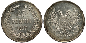 Россия для Финляндии 25 пенни 1917 S, временное правительство, без короны KM 19, Биткин 2 серебро 75-1526