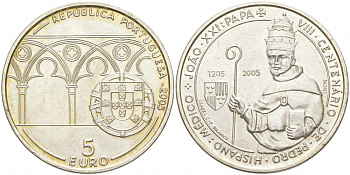 ПОРТУГАЛИЯ 5 ЕВРО 2005 800 ЛЕТ СО ДНЯ РОЖДЕНИЯ ПАПЫ ИОАННА XXI KM 762 серебро UNC 1521-1122