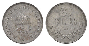 Венгрия 20 филлеров 1920 КВ, Карл I (1916-1918), редкий год KM 498 железо 4664-1128