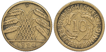Германия 10 рентенпфеннигов 1924 F KM 33, J. 309 алюминиевая бронза 4604-646