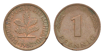 ФРГ 1 пфенниг 1986 D KM 105, J.380 сталь плакированная медью 4630-1148