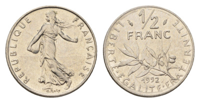 Франция 1/2 франка 1992 KM 931.1 никель UNC 4613-253
