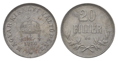 Венгрия 20 филлеров 1920 КВ, Карл I (1916-1918), редкий год KM 498 железо 4664-1128