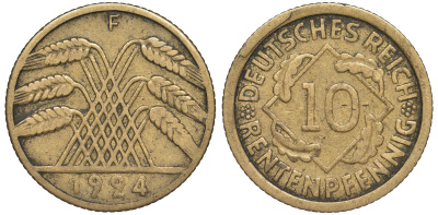 Германия 10 рентенпфеннигов 1924 F KM 33, J. 309 алюминиевая бронза 4604-646