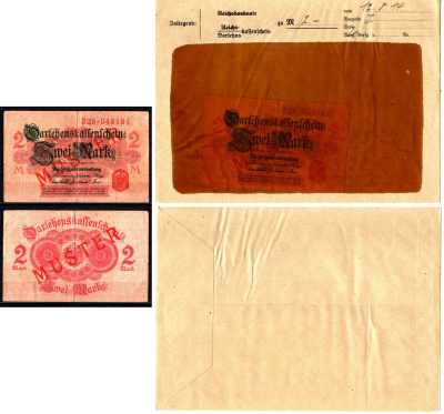 Германия 2 марки 1914 12 августа, MUSTER, образец, Specimen. В оригинальном банковском конверте. Из коллекции Отто Сейфферта (помощник Ялмара Шахта - министра экономики Германии и президента Рейхсбанка времен третьего рейха) Pick 54 s, Grabowski DEU 60 бу