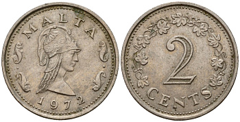 Мальта 2 цента 1972 Пентесилея, царица амазонок KM 9 медь цинк 4154-657