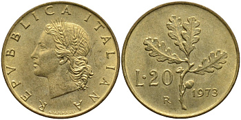 Италия 20 лир 1973 R, дубовая ветвь KM 97.2 алюминиевая бронза 4171-921