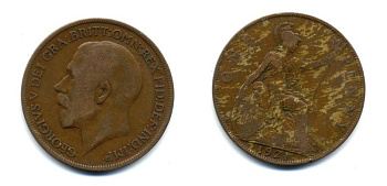 Великобритания 1 пенни 1921 Георг V (1910-1936) KM 810, Spink 4051 бронза 47-622
