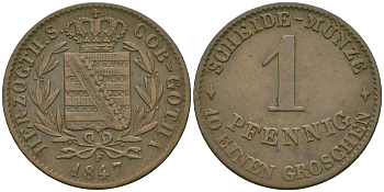 Саксен-Кобург и Гота 1 пфенниг 1847 F KM 109 медь 99-734