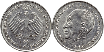ФРГ 2 марки 1981 F, Конрад Аденауэр KM 124, J. 406 медно-никель плакированный никелем 177-724