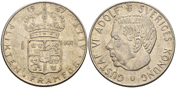 Швеция 1 крона 1967 U, Густав VI Адольф (1950-1973) KM 826 серебро 4150-227