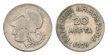 Греция 20 лепт 1926 Афина в коринфском шлеме, год-тип KM 67 медно-никель 4668-1247