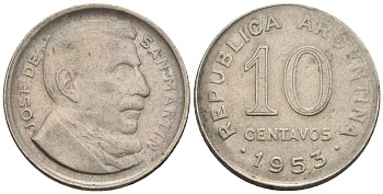 Аргентина 10 сентаво 1953 генерал Хосе де Сан Мартин KM 47a, Schon 50a.1 сталь плакированная никелем    4609-1164