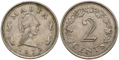 Мальта 2 цента 1972 Пентесилея, царица амазонок KM 9 медь цинк 4154-657