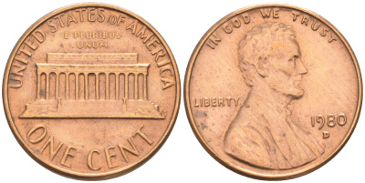 США 1 цент 1980 D, Авраам Линкольн KM 201 медь цинк 188-319