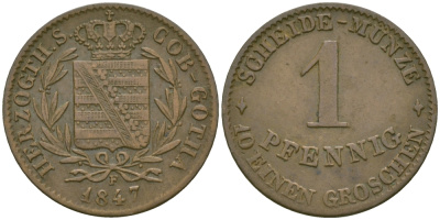 Саксен-Кобург и Гота 1 пфенниг 1847 F KM 109 медь 99-734