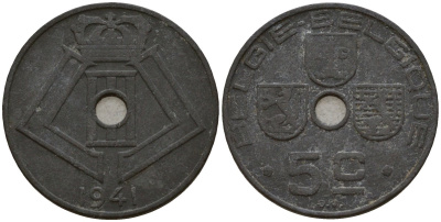 Бельгия 5 сантимов 1941 Belgie - Belgique, Леопольд III (1934-1947), германская оккупация, Вторая мировая война KM 124 цинк 4160-1128