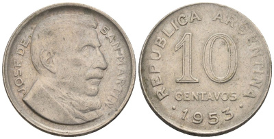 Аргентина 10 сентаво 1953 генерал Хосе де Сан Мартин KM 47a, Schon 50a.1 сталь плакированная никелем    4609-1164