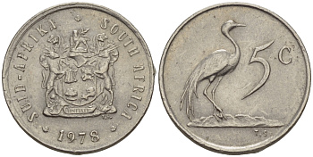 ЮАР 5 центов 1978 герб, райский журавль KM 84 никель 66-332