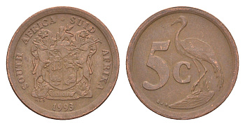 ЮАР 5 центов 1993 герб, райский журавль KM 134 сталь плакированная медью 4621-553