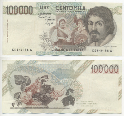 Италия 100000 лир 1983 Караваджо, фруктовый букет, подпись Speziali Pick 110b бумага 7220-21-3