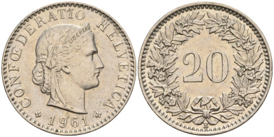 Швейцария 20 раппенов 1961 B KM 29a медно-никель 4606-754