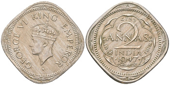 Британская Индия 2 анны 1947 Георг V (1910-1936) KM 542 медно-никель 4604-913