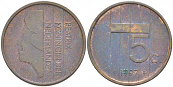НИДЕРЛАНДЫ 5 ЦЕНТОВ 1997 БЕАТРИКС KM 202 бронза 4547-821