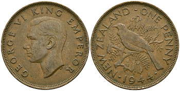 Новая Зеландия 1 пенни 1944 Георг VI (1936-1952), новозеландский туи KM 13 бронза 4165-1234