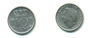Нидерланды 10 центов 1948 Вильгельмина (1895-1948) KM 177 никель 54-1129