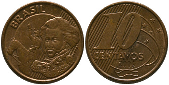 Бразилия 10 сентаво 2009 KM 649, Schon 157 сталь плакированная бронзой 4523-915
