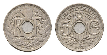 Франция 5 сантимов 1921  KM 875, Le Franc 122.3 медно-никель    4124-262