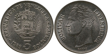 Венесуэла 5 боливаров 1989 KM 53a.1 сталь плакированная никелем 4565-236