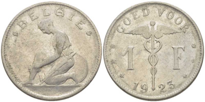 Бельгия 1 франк 1923 Belgie, Альберт I (1909-1934) KM 90 никель 119-416