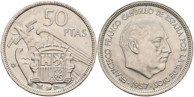 Испания 50 песет 1957 (60) Франциско Франко (1939-1975) KM 788 медно-никель aUNC 4590-931