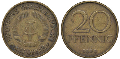 ГДР 20 пфеннигов 1969 А, первый год KM 11 латунь 62-1017
